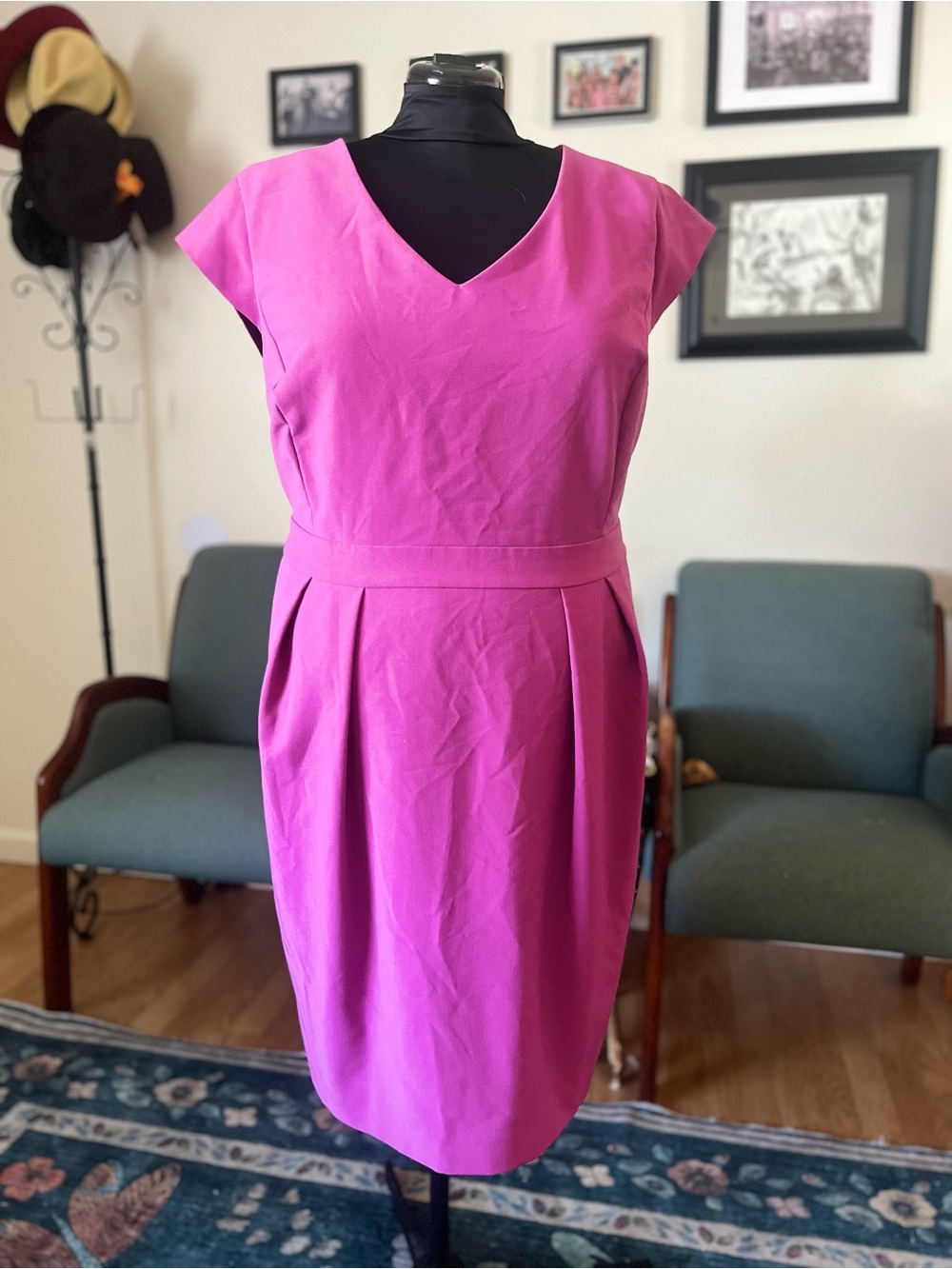 Cap-Sleeve V-Neck Midi Dress in Fuchsia